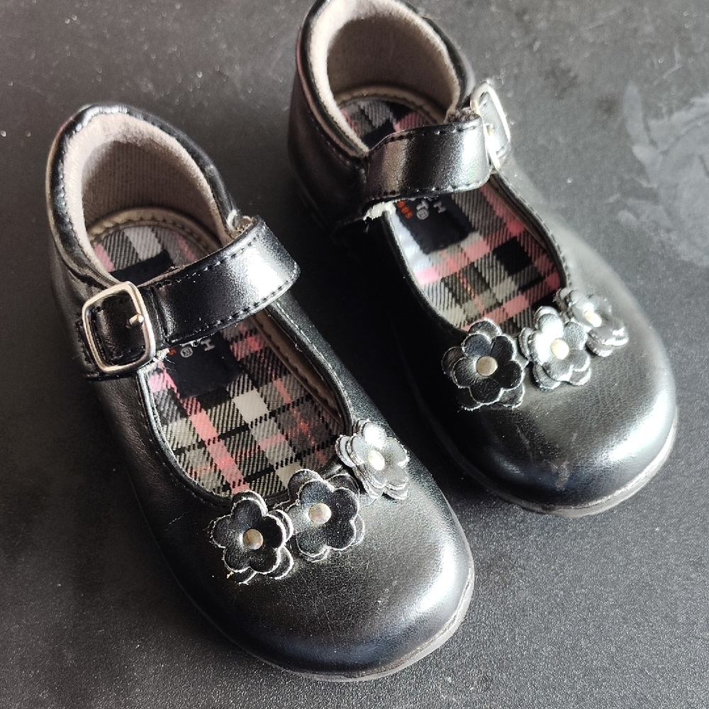 French Toast Black Mary Jane's with Floral Accents